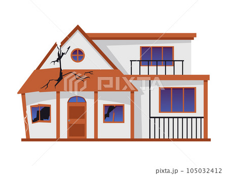 Exterior of house with broken windows and roof cracks flat style 105032412