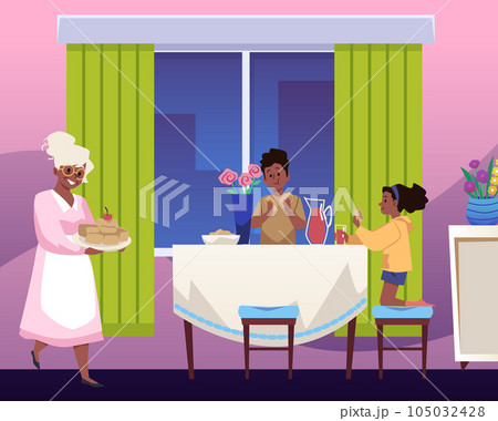 Happy grandmother with cupcakes vector illustration, cozy dining room where children are treated to grandma's pastries Happy grandmother with cupcakes vector illustration, cozy dining room where children are treated to grandma's pastries 105032428
