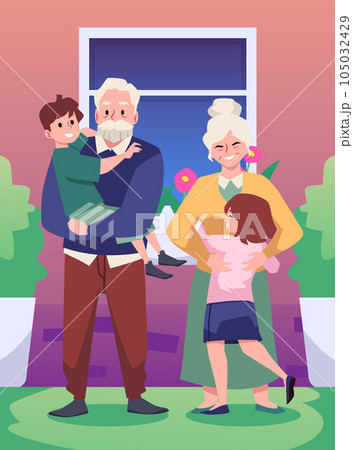 Smiling grandparents and grandchildren spend time together, warm family hugs and embrace, cartoon vector illustration Smiling grandparents and grandchildren spend time together, warm family hugs and embrace, cartoon vector illustration 105032429