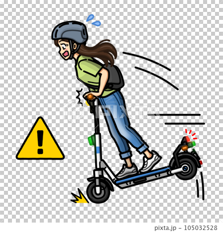 Illustration of a woman leaning forward with sudden braking on an electric kickboard (with helmet) 105032528