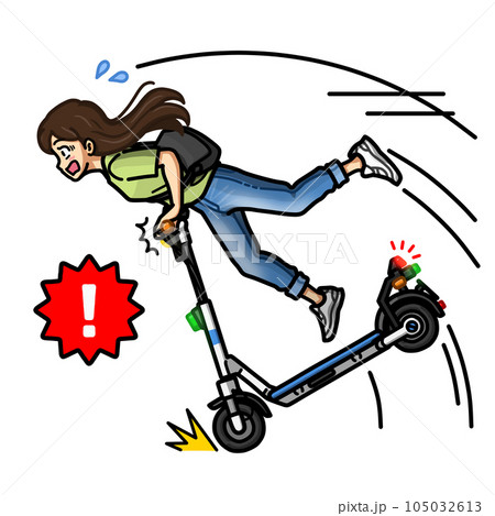 電動キックボードで急ブレーキをかけて転倒している女性のイラスト（ヘルメットなし） 105032613