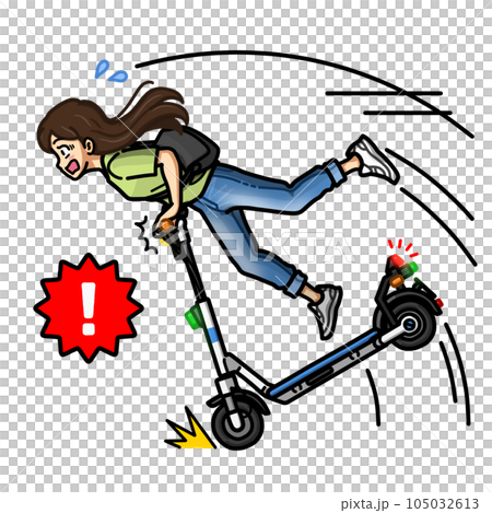 電動キックボードで急ブレーキをかけて転倒している女性のイラスト（ヘルメットなし） 105032613