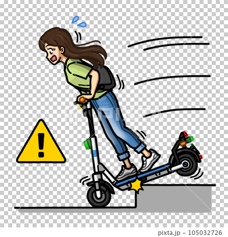 電動キックボードで段差を降りる際に転倒しそうになっている女性のイラスト（ヘルメットなし） 105032726