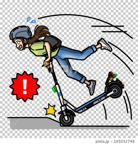 電動キックボードで走行中に段差に引っかかって転倒している女性のイラスト(ヘルメットあり) 電動キックボードで走行中に段差に引っかかって転倒している女性のイラスト(ヘルメットあり) 105032748