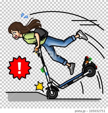 電動キックボードで走行中に段差に引っかかって転倒している女性のイラスト（ヘルメットなし） 105032751