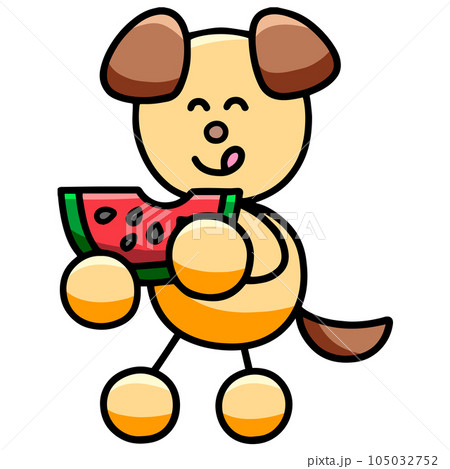 スイカを食べるわんまるのイラスト　犬 105032752