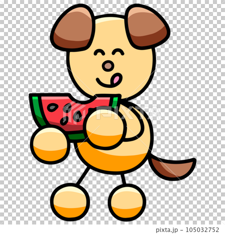 スイカを食べるわんまるのイラスト　犬 105032752