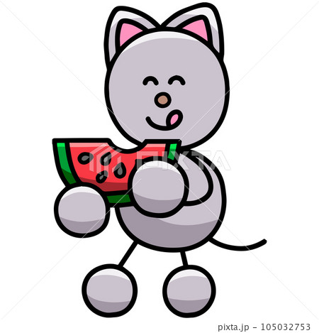 スイカを食べるにゃんまるのイラスト　猫 105032753