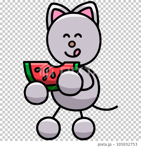 スイカを食べるにゃんまるのイラスト　猫 105032753