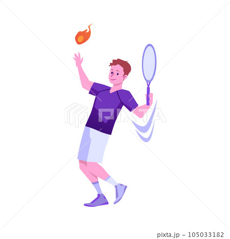 Tennis player with racket makes pitch of ball, flat vector illustration isolated. Tennis player with racket makes pitch of ball, flat vector illustration isolated. 105033182