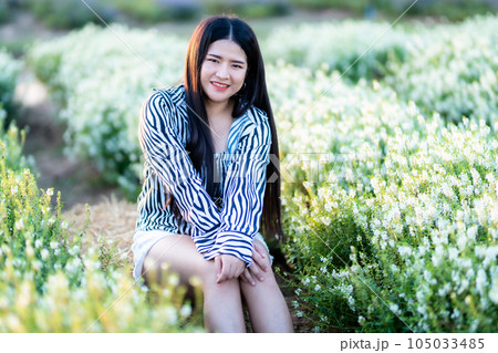Portrait of asian Young woman happy traveler with black and white pattern dress enjoying in white blooming flower field in the nature garden of in Thailand,travel relax vacation Portrait of asian Young woman happy traveler with black and white pattern dress enjoying in white blooming flower field in the nature garden of in Thailand,travel relax vacation 105033485