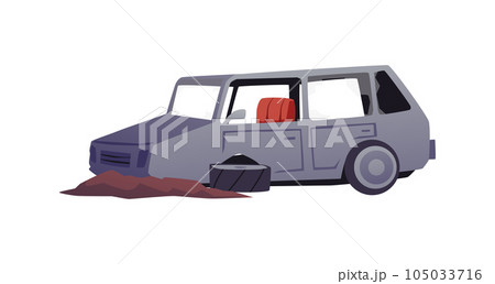 Broken and abandoned car, cartoon flat vector illustration isolated on white background. 105033716