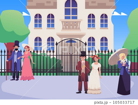 Victorian era people and building, flat vector illustration. 105033717