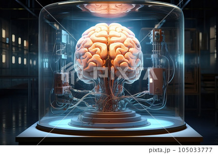 Cloned human brain with wires connected to it. 105033777