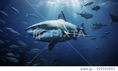 Ocean shark bottom view from below. Open toothy dangerous mouth with many teeth. Underwater blue sea waves clear water shark swims forward Ocean shark bottom view from below. Open toothy dangerous mouth with many teeth. Underwater blue sea waves clear water shark swims forward 105033855
