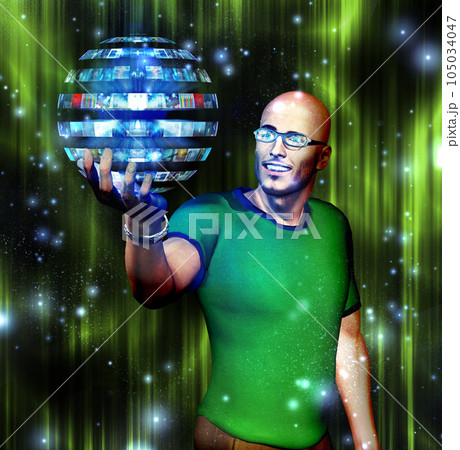 Man gazes into video sphere 105034047