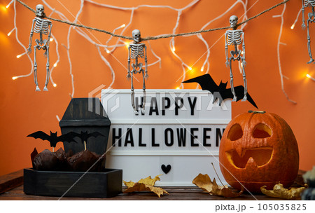 Happy Halloween white sign with black letters, pumpkin and halloween decoration. 105035825