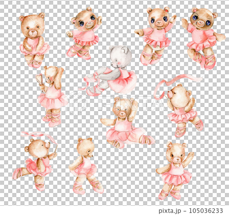 Brown bear and mouse ballerina in pink dress. Dancing mice, watercolor illustration, animal with cartoon character. Perfect for greeting card, print design, wedding invitation. 105036233