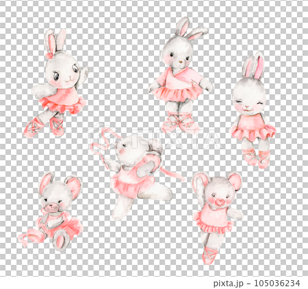 Brown bear and mouse ballerina in pink dress. Dancing mice, watercolor illustration, animal with cartoon character. Perfect for greeting card, print design, wedding invitation. Brown bear and mouse ballerina in pink dress. Dancing mice, watercolor illustration, animal with cartoon character. Perfect for greeting card, print design, wedding invitation. 105036234