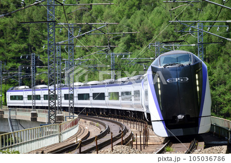 新緑の糸杉の森を走る中央本線特急電車 新緑の糸杉の森を走る中央本線特急電車 105036786