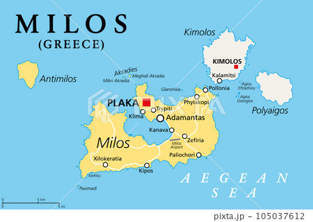 Milos, island of Greece, political map. Volcanic Greek island in the Aegean Sea and part of the Cyclades. Together with Antimilos and smaller islets a municipality, neighboring Kimolos and Polyaigos. 105037612