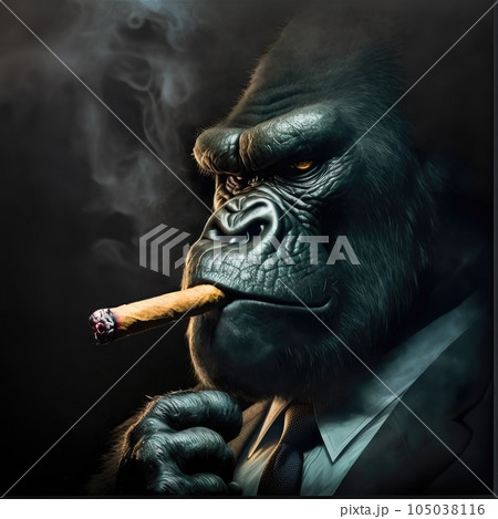 gorilla smoking a cigarette a gorilla with black suit smoking a cigar - Stock Illustration [105038116]