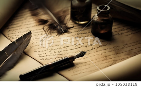 an old letter with ink, writing and feathers on top an old letter with ink, writing and feathers on top 105038119