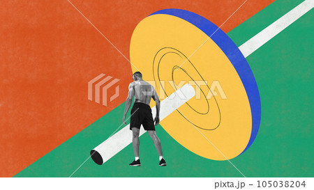 Contemporary art collage. Muscular, athletic man training, bodybuilder lifting weights. Strong body 105038204
