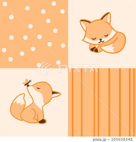 Hand drawn seamless pattern with cute orange fox on checkerboard checkered squares. Fabric for kids children nursery bedding. Cheater quilt design graphic stripes polka dot cartoon, wood woodland 105038348