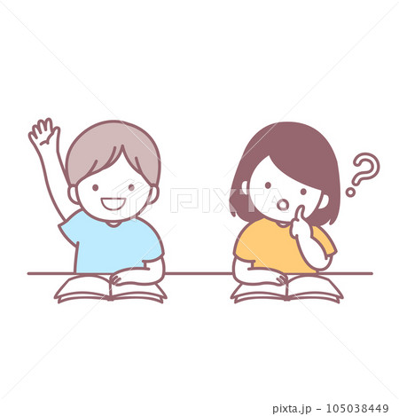 授業で手を挙げる男の子と首をかしげる女の子 105038449