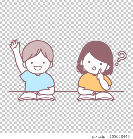 授業で手を挙げる男の子と首をかしげる女の子 105038449