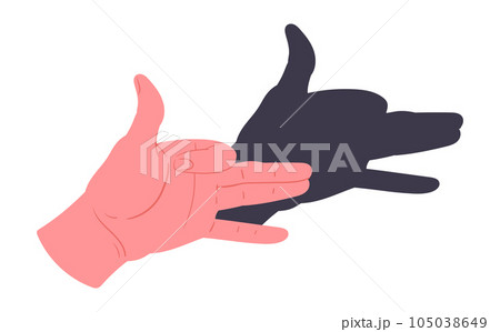 Hands shadow gesture. Cartoon shadow theatre gesture, dog puppet pose flat vector illustration on white background Hands shadow gesture. Cartoon shadow theatre gesture, dog puppet pose flat vector illustration on white background 105038649