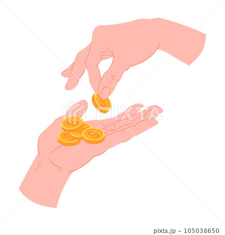 Hands with gold coins. Cartoon hand put coins to another hand, payment, savings or donations concept flat vector illustration. Human hand giving coins Hands with gold coins. Cartoon hand put coins to another hand, payment, savings or donations concept flat vector illustration. Human hand giving coins 105038650
