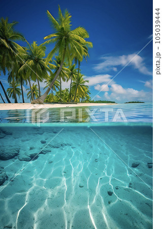 A blissful tropical paradise with palm-fringed sandy beaches and crystal-clear blue ocean above and below A blissful tropical paradise with palm-fringed sandy beaches and crystal-clear blue ocean above and below 105039444