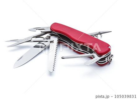 Swiss army multipurpose multitool pocket knife isolated on white 105039831