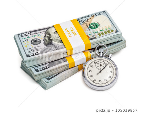 Time is money loan concept background - stopwatch and stack of new 100 US dollars 2013 edition banknotes bills bundles isolated on white Time is money loan concept background - stopwatch and stack of new 100 US dollars 2013 edition banknotes bills bundles isolated on white 105039857