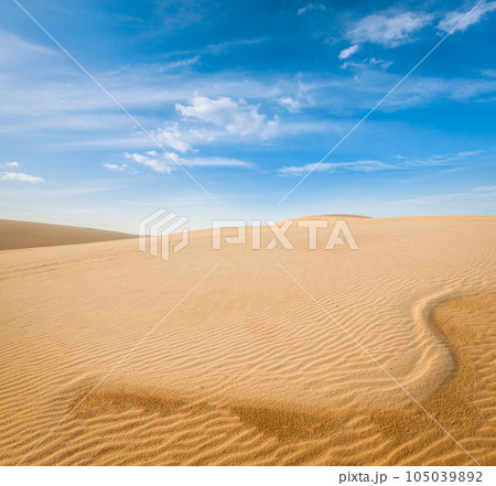 White sand dunes on sunrise with sky, Mui Ne, Vietnam White sand dunes on sunrise with sky, Mui Ne, Vietnam 105039892