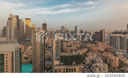Panorama showing aerial panoramic skyline of a big futuristic city timelapse. Business bay and Downtown Panorama showing aerial panoramic skyline of a big futuristic city timelapse. Business bay and Downtown 105040409