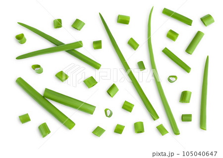 Green onion isolated on the white background. Top view. Flat lay. Green onion isolated on the white background. Top view. Flat lay. 105040647
