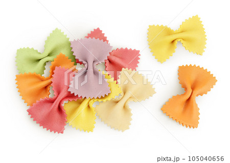 colorful farfalle pasta isolated on white background with full depth of field. Top view. Flat lay. 105040656
