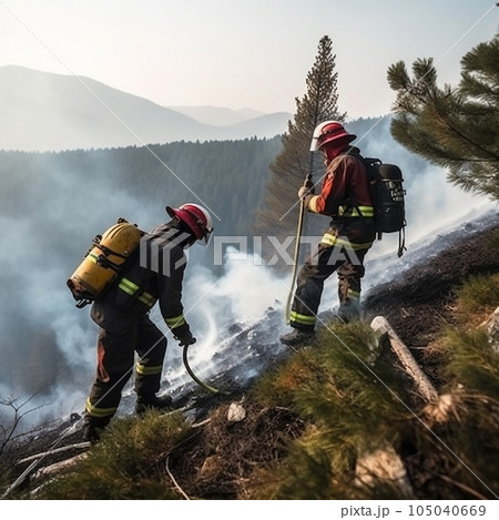 Firefighters in protective suits and masks extinguish a fire in nature in the mountains, hot summer, forest fires 105040669
