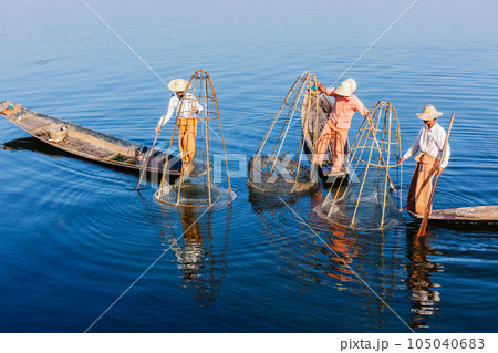 Myanmar travel attraction landmark - three traditional Burmese fishermen balancing with fishing net at Inle lake in Myanmar famous for their distinctive one legged rowing style 105040683