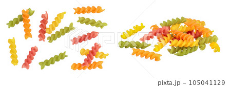 raw Fusilli colored pasta, isolated on white background with  full depth of field. Top view. Flat lay 105041129
