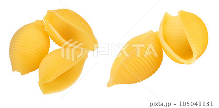 Uncooked dried conchiglie. Raw organic shell pasta isolated on white bachground with  full depth of field. Top view. Flat lay 105041131