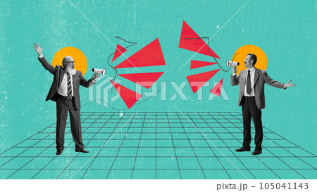 Contemporary art collage. Emotional leader, businessman shouting in megaphone, showing personal opinion. Challenging work 105041143