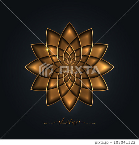 Golden Lotus flower, sacred geometry mandala, stylized circular ornament, gold line art floral logo. Flower blossom symbols of yoga, spa, beauty salon, cosmetics, relax, brand style. Vector isolated Golden Lotus flower, sacred geometry mandala, stylized circular ornament, gold line art floral logo. Flower blossom symbols of yoga, spa, beauty salon, cosmetics, relax, brand style. Vector isolated 105041322