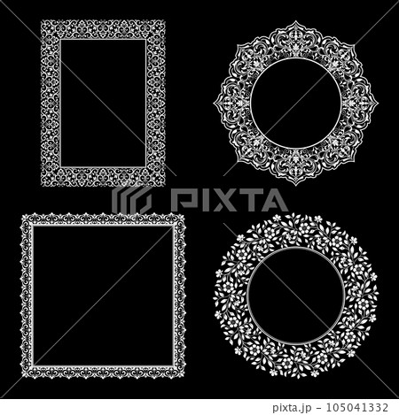Set of decorative frames Elegant vector element for design in Eastern style, place for text. Floral black and white borders. Lace illustration for invitations and greeting cards. Set of decorative frames Elegant vector element for design in Eastern style, place for text. Floral black and white borders. Lace illustration for invitations and greeting cards. 105041332