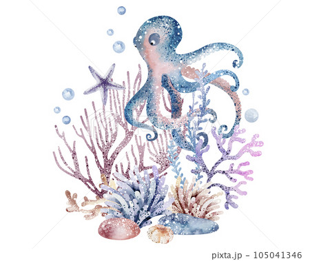 The composition of marine animals. Blue watercolor sea fish, turtle, whale and coral. Nautical illustration of nautical, jellyfish, starfish The composition of marine animals. Blue watercolor sea fish, turtle, whale and coral. Nautical illustration of nautical, jellyfish, starfish 105041346