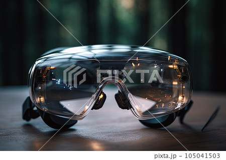 AR glasses technology concept with transparent goggles. Augmented reality futuristic immersive experience. Generated AI AR glasses technology concept with transparent goggles. Augmented reality futuristic immersive experience. Generated AI 105041503