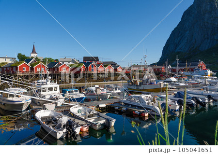 View on the small harbor of fishing village, Summer Lofoten islands, Norway. 105041651